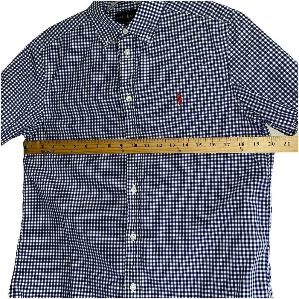 Ralph Lauren Boys Shirt Kids Size 18 20 Blue White Plaid Red Pony Short Sleeve